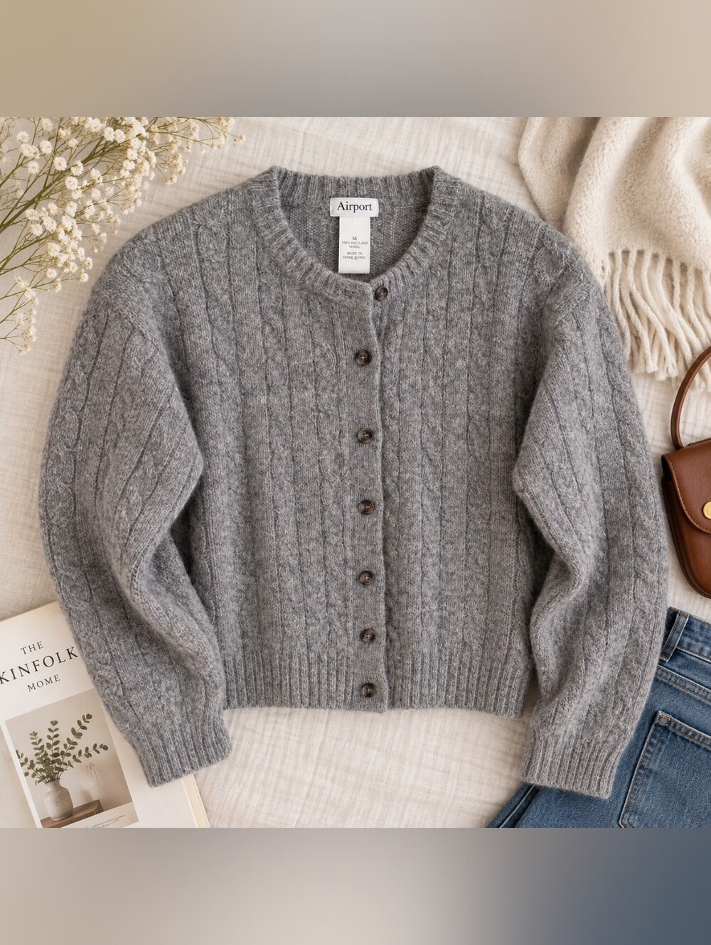 Airport 100% Shetland Wool Cable Knit Cardigan Grey M